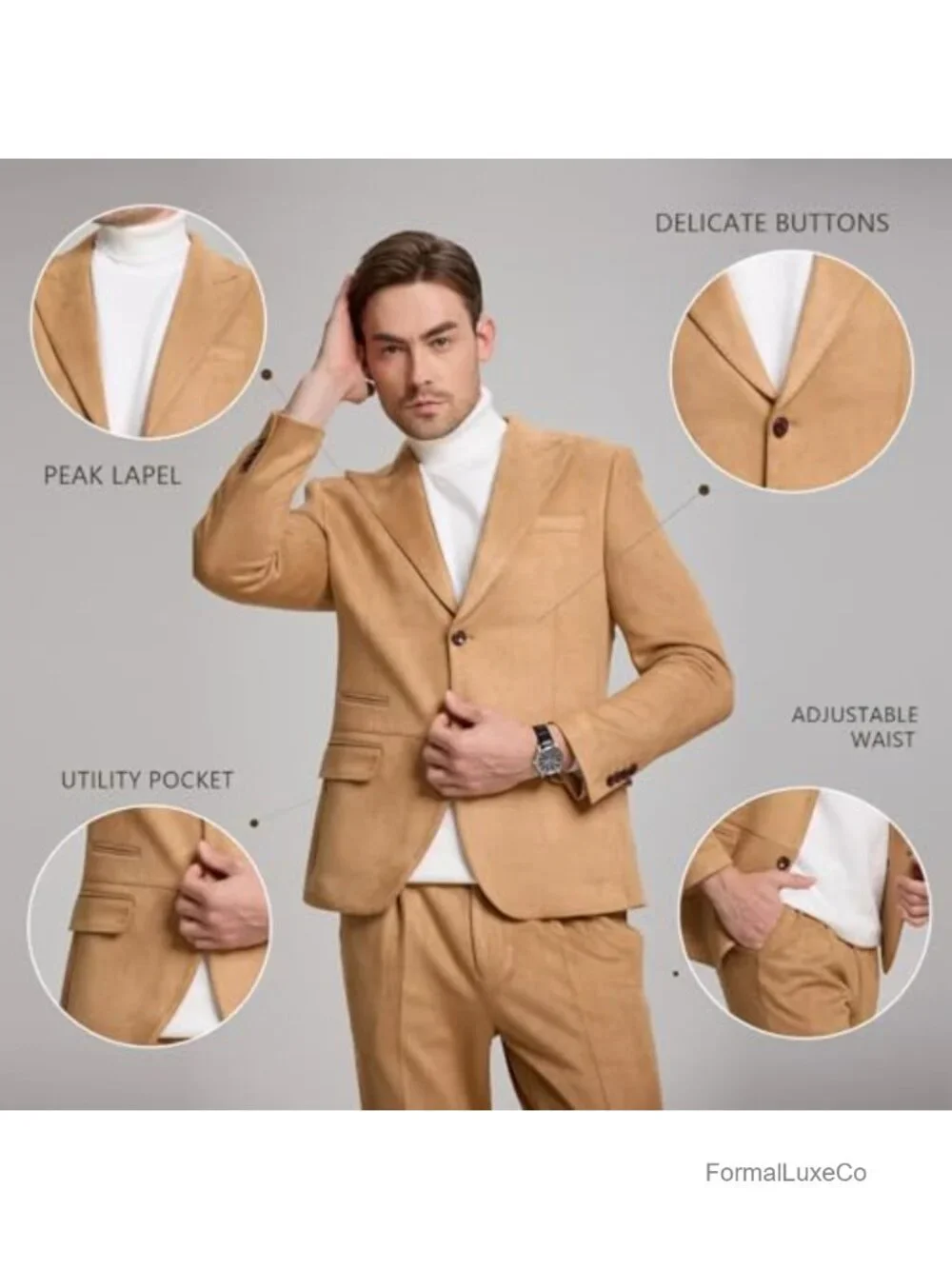 Men's Slim Fit Suede Blazer & Pants 2-Piece Suit Wedding Groomsmen Velvet